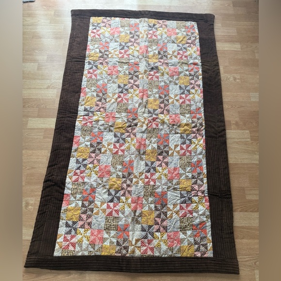 Vintage Hand Stitched Quilt Throw with Brown Corduroy Border 65.5x39